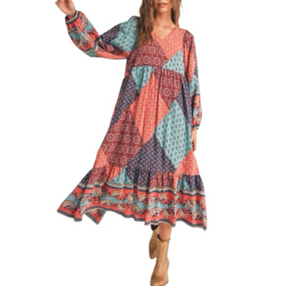 Boho Patchwork Maxi Dress - Coral & Teal